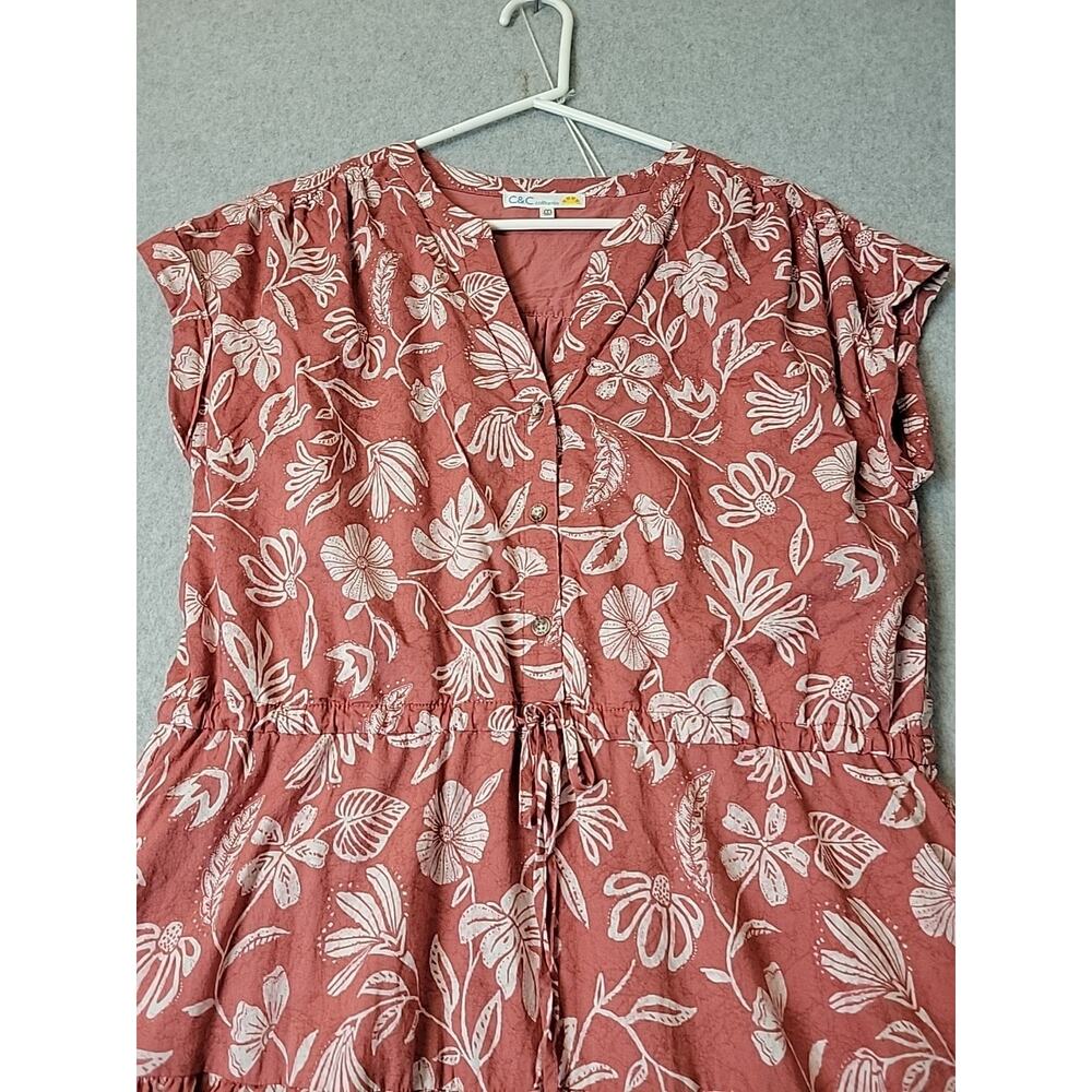 C&C California Cotton Coral Floral Gathered Waist Midi Dress Women's Med Pockets - Picture 3 of 13